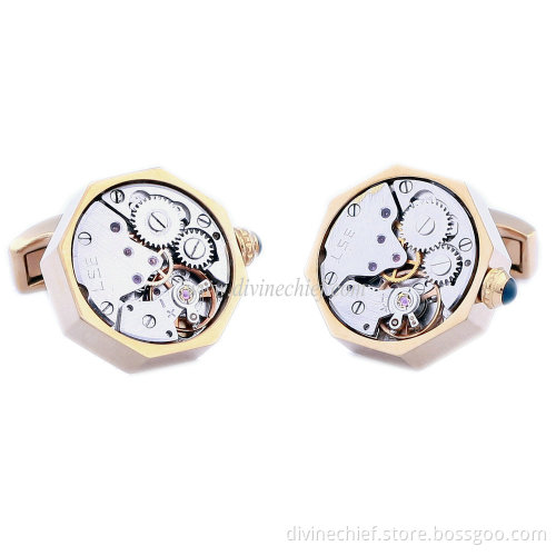 2015 Best Selling Men Movement Cufflinks, Golden Plated Stainless Steel Watch Cufflinks